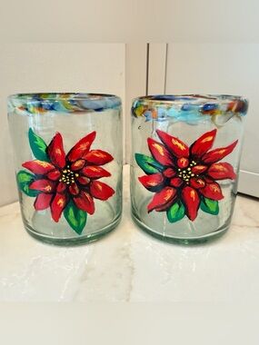Hand-Blown and Hand  Painted Red Poinsettia Glasses